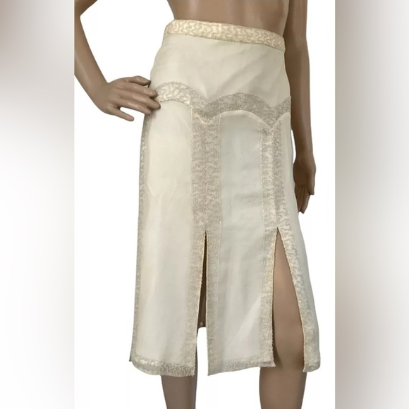 Spiegel Womens 100% Silk Skirt Ivory Cream Beaded Panel Slit Midi Lined
